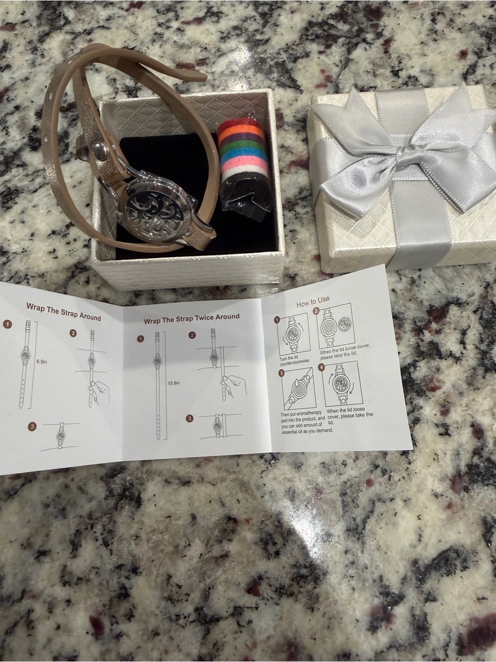 Beige Leather Wrap Aromatherapy Bracelet Watch with Interchangeable Pads